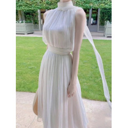 希臘女神白色連衣裙2024夏純欲溫柔風埃及仙女無袖掛脖飄帶長裙子