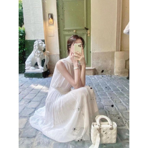 希臘女神白色連衣裙2024夏純欲溫柔風埃及仙女無袖掛脖飄帶長裙子 希臘女神白色連衣裙2024夏純欲溫柔風埃及仙女無袖掛脖飄帶長裙子