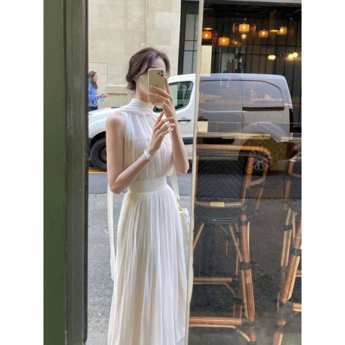 希臘女神白色連衣裙2024夏純欲溫柔風埃及仙女無袖掛脖飄帶長裙子 希臘女神白色連衣裙2024夏純欲溫柔風埃及仙女無袖掛脖飄帶長裙子