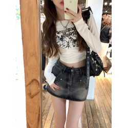 美式復古純棉長袖t恤女春秋冬內搭短款高腰打底衫辣妹修身上衣服