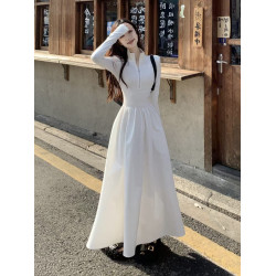 法式氣質立領長袖針織拼接連衣裙女早秋收腰顯瘦大擺裙A字長裙子