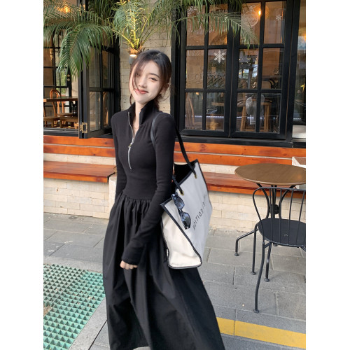 法式氣質立領長袖針織拼接連衣裙女早秋收腰顯瘦大擺裙A字長裙子