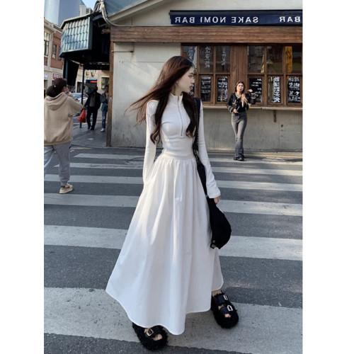 法式氣質立領長袖針織拼接連衣裙女早秋收腰顯瘦大擺裙A字長裙子