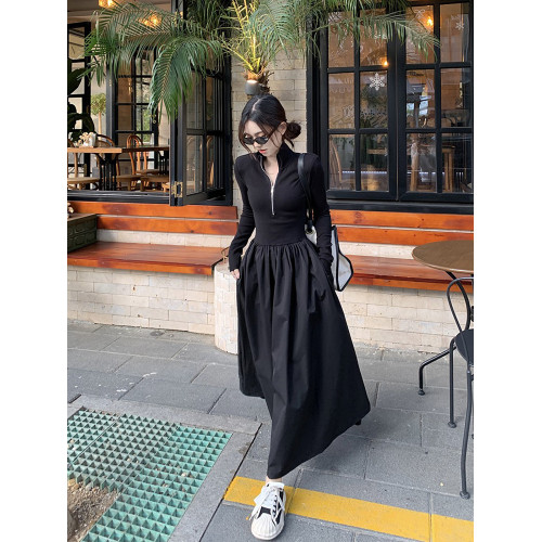 法式氣質立領長袖針織拼接連衣裙女早秋收腰顯瘦大擺裙A字長裙子