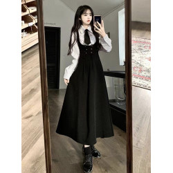 法式赫本風背帶連衣裙女春秋新款百搭顯瘦高級感襯衫收腰兩件套裝