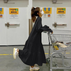 胖MM300斤春秋冬大碼長袖連衣裙女寬松遮肚加絨荷葉邊A字衛衣長裙