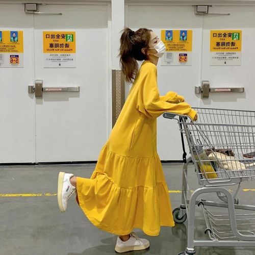 胖MM300斤春秋冬大碼長袖連衣裙女寬松遮肚加絨荷葉邊A字衛衣長裙