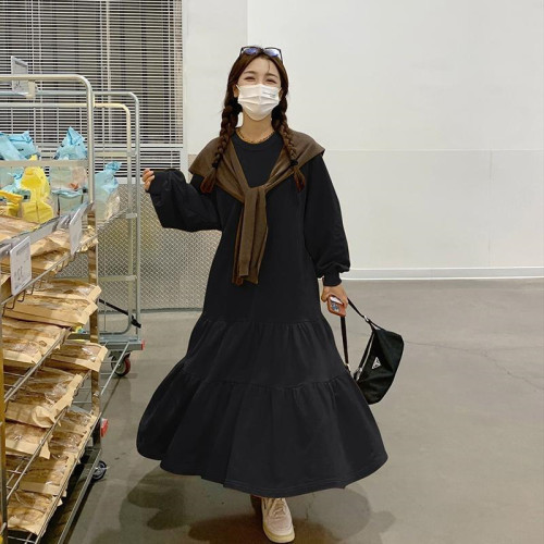 胖MM300斤春秋冬大碼長袖連衣裙女寬松遮肚加絨荷葉邊A字衛衣長裙