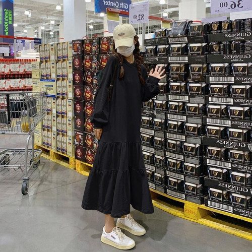 胖MM300斤春秋冬大碼長袖連衣裙女寬松遮肚加絨荷葉邊A字衛衣長裙