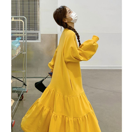 胖MM300斤春秋冬大碼長袖連衣裙女寬松遮肚加絨荷葉邊A字衛衣長裙