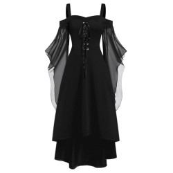 歐洲大碼復古一字領哥特式大擺袖不規則萬聖節女巫吊帶綁帶連衣裙