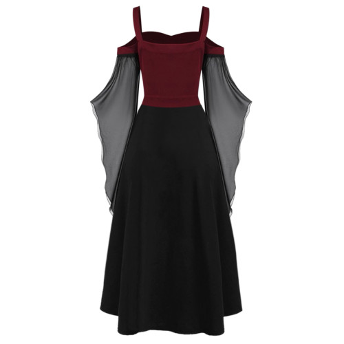 歐洲大碼復古一字領哥特式大擺袖不規則萬聖節女巫吊帶綁帶連衣裙