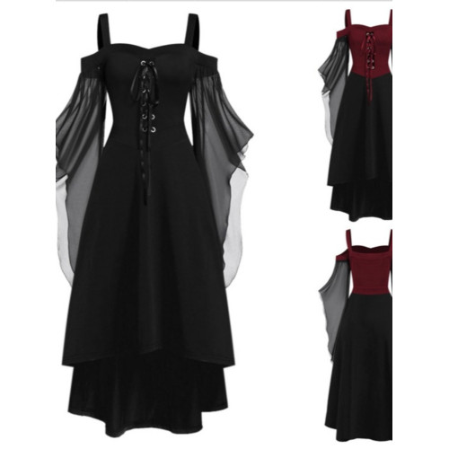 歐洲大碼復古一字領哥特式大擺袖不規則萬聖節女巫吊帶綁帶連衣裙