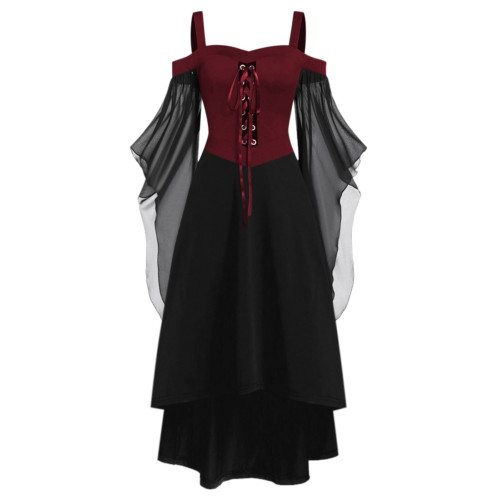 歐洲大碼復古一字領哥特式大擺袖不規則萬聖節女巫吊帶綁帶連衣裙