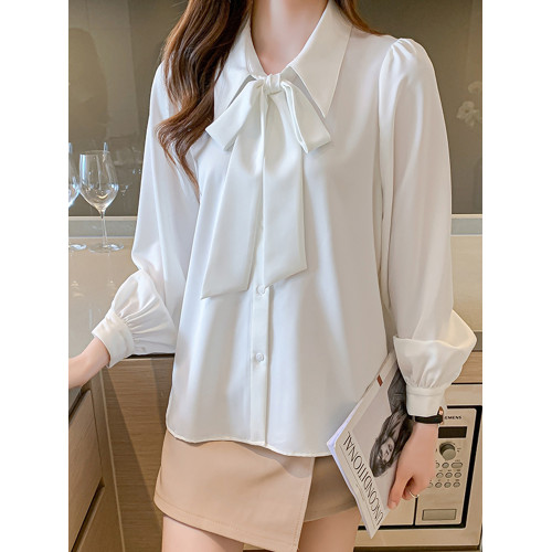 秋冬面試蝴蝶結白色襯衫女大碼高級感職業襯衣法式飄帶燈籠袖上衣