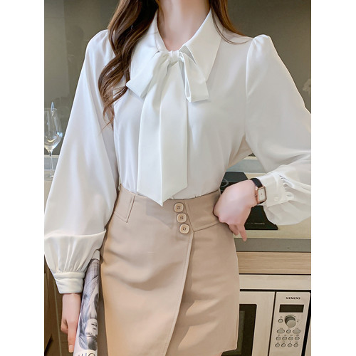 秋冬面試蝴蝶結白色襯衫女大碼高級感職業襯衣法式飄帶燈籠袖上衣