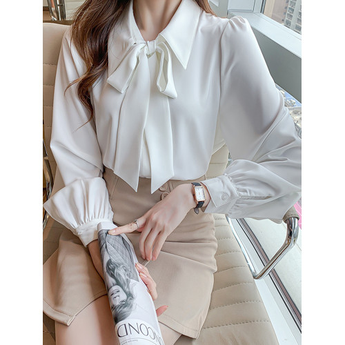 秋冬面試蝴蝶結白色襯衫女大碼高級感職業襯衣法式飄帶燈籠袖上衣