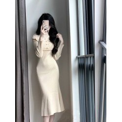 假兩件旗袍針織連衣裙子女修身氣質設計感打底內搭魚尾長裙春秋季