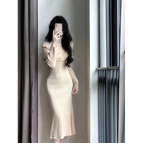 假兩件旗袍針織連衣裙子女修身氣質設計感打底內搭魚尾長裙春秋季