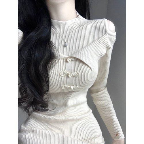 假兩件旗袍針織連衣裙子女修身氣質設計感打底內搭魚尾長裙春秋季