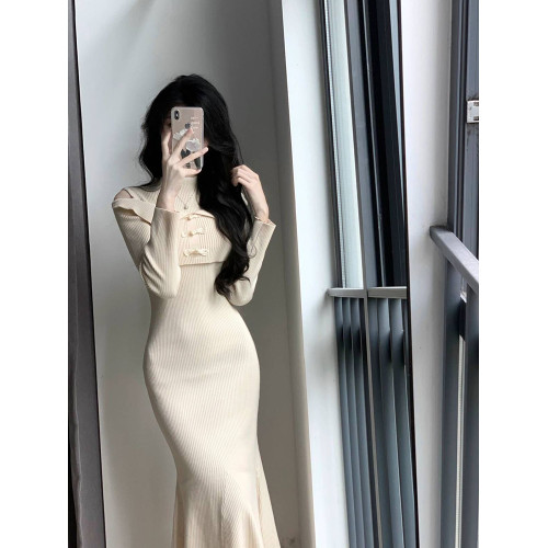 假兩件旗袍針織連衣裙子女修身氣質設計感打底內搭魚尾長裙春秋季