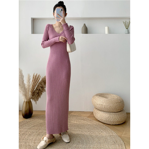 超長款V領針織連衣裙女 秋冬修身包臀打底衫內搭針織毛衣過膝長裙 超長款V領針織連衣裙女 秋冬修身包臀打底衫內搭針織毛衣過膝長裙