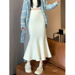 杏色針織魚尾裙包臀半裙女秋冬新款高腰a字長裙冬季米白色半身裙