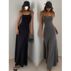 中長款打底裙背心純色歐美黑辣妹收腰a字大裙擺吊帶長裙連衣裙