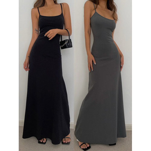 中長款打底裙背心純色歐美黑辣妹收腰a字大裙擺吊帶長裙連衣裙