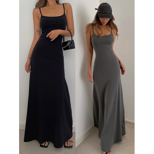 中長款打底裙背心純色歐美黑辣妹收腰a字大裙擺吊帶長裙連衣裙
