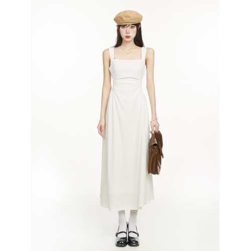 白色吊帶連衣裙女夏季法式小個子長裙2025新款海邊度假收腰背心裙