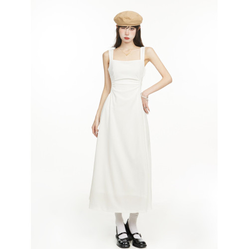 白色吊帶連衣裙女夏季法式小個子長裙2025新款海邊度假收腰背心裙