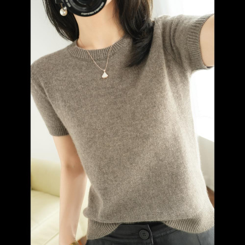 薄款羊毛針織短袖t恤女24夏季新款圓領寬松短款羊絨半袖上衣外穿