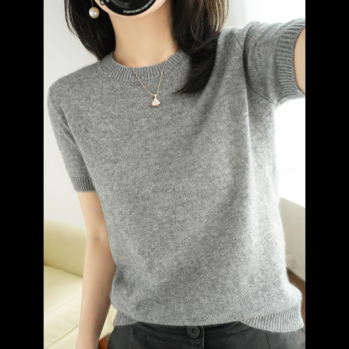 薄款羊毛針織短袖t恤女24夏季新款圓領寬松短款羊絨半袖上衣外穿