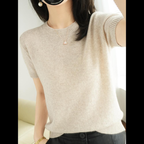 薄款羊毛針織短袖t恤女24夏季新款圓領寬松短款羊絨半袖上衣外穿