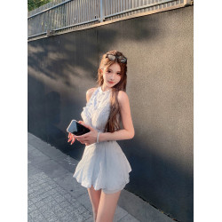 條紋無袖襯衫連衣裙子套裝女設計感背心上衣低腰短褲子兩件套夏季