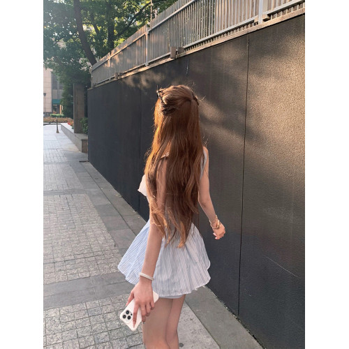 條紋無袖襯衫連衣裙子套裝女設計感背心上衣低腰短褲子兩件套夏季