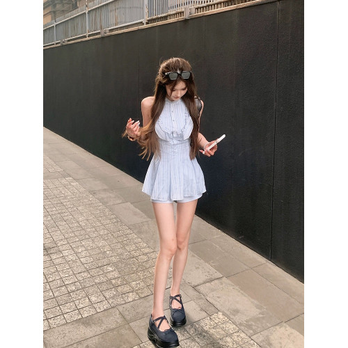 條紋無袖襯衫連衣裙子套裝女設計感背心上衣低腰短褲子兩件套夏季