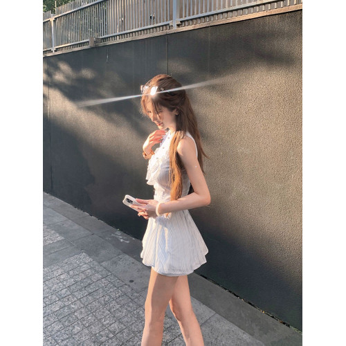 條紋無袖襯衫連衣裙子套裝女設計感背心上衣低腰短褲子兩件套夏季