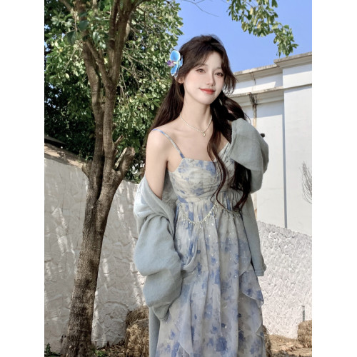 大碼胖mm法式甜美溫柔風高腰顯瘦荷葉邊暈染閃片印花吊帶連衣裙女 大碼胖mm法式甜美溫柔風高腰顯瘦荷葉邊暈染閃片印花吊帶連衣裙女