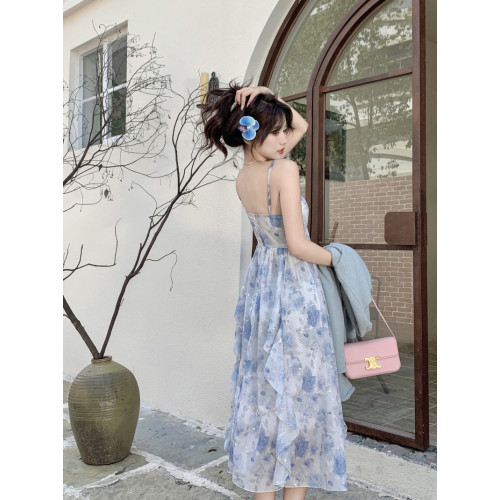 大碼胖mm法式甜美溫柔風高腰顯瘦荷葉邊暈染閃片印花吊帶連衣裙女 大碼胖mm法式甜美溫柔風高腰顯瘦荷葉邊暈染閃片印花吊帶連衣裙女