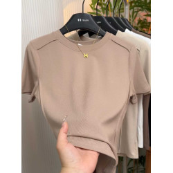 圓領設計感魚骨線百搭短袖t恤女2025夏季新款純色彈力修身上衣