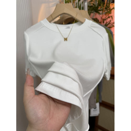 圓領設計感魚骨線百搭短袖t恤女2025夏季新款純色彈力修身上衣