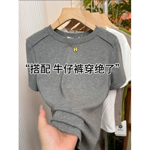 圓領設計感魚骨線百搭短袖t恤女2025夏季新款純色彈力修身上衣