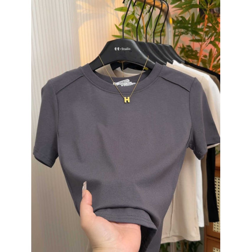 圓領設計感魚骨線百搭短袖t恤女2025夏季新款純色彈力修身上衣