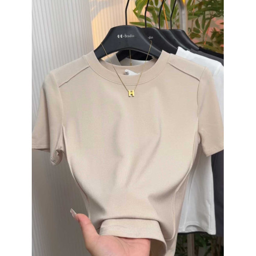 圓領設計感魚骨線百搭短袖t恤女2025夏季新款純色彈力修身上衣