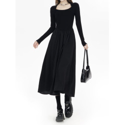 黑色赫本風方領長袖連衣裙女2025秋季小個子高腰顯瘦中長款A字裙