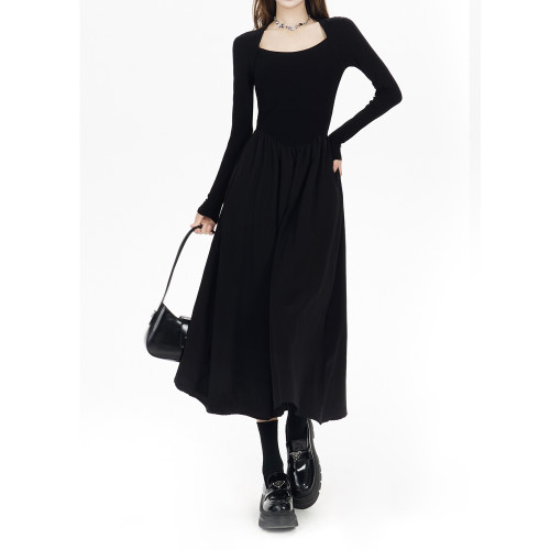 黑色赫本風方領長袖連衣裙女2025秋季小個子高腰顯瘦中長款A字裙