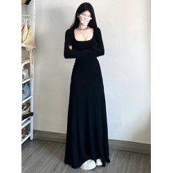 法式方領長袖連衣裙黑色顯瘦收腰打底裙高個子大裙擺長裙