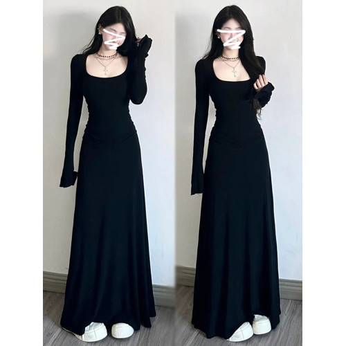 法式方領長袖連衣裙黑色顯瘦收腰打底裙高個子大裙擺長裙